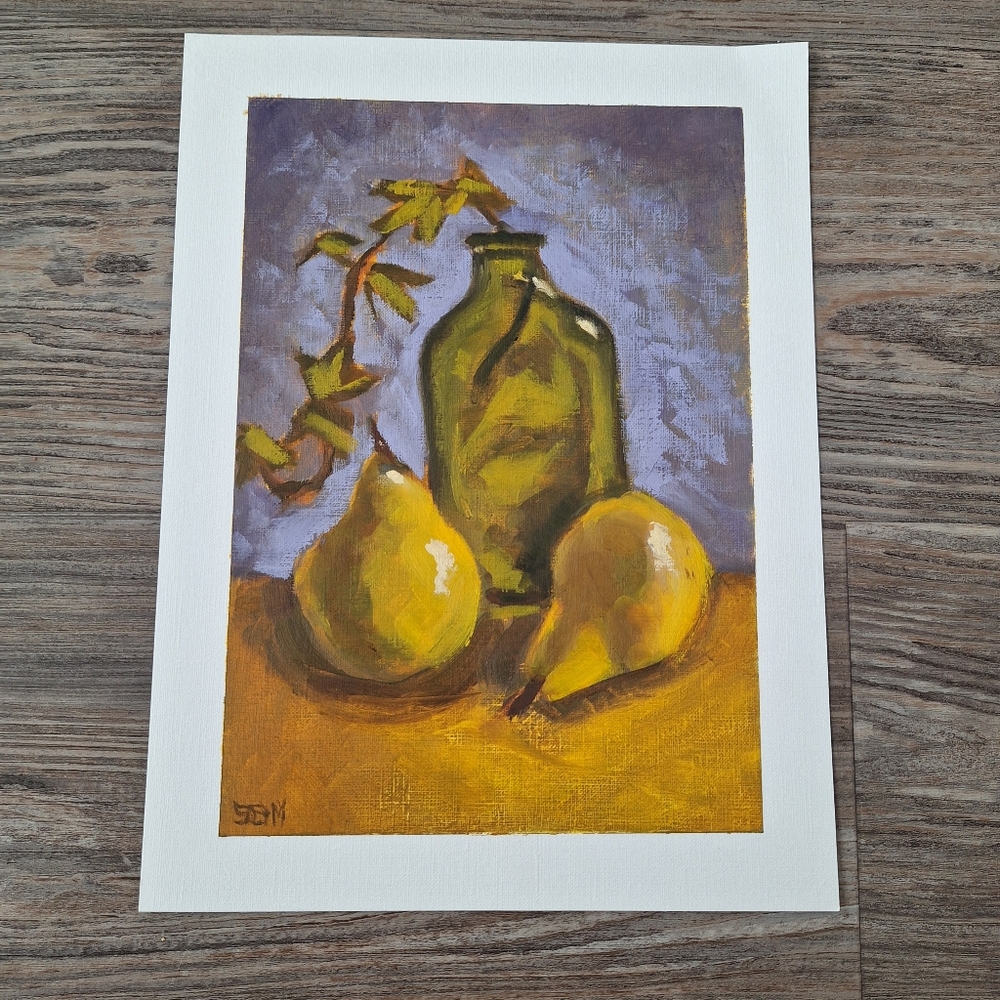Original Oil painting pears still life 9x12 canvas paper unframed
